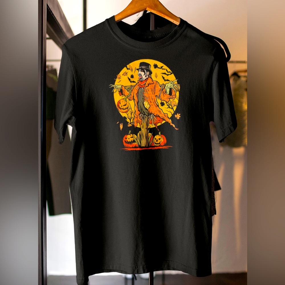 Scarecrow Full Moon Rock Ghoul Halloween Men’s Black Tee NWT